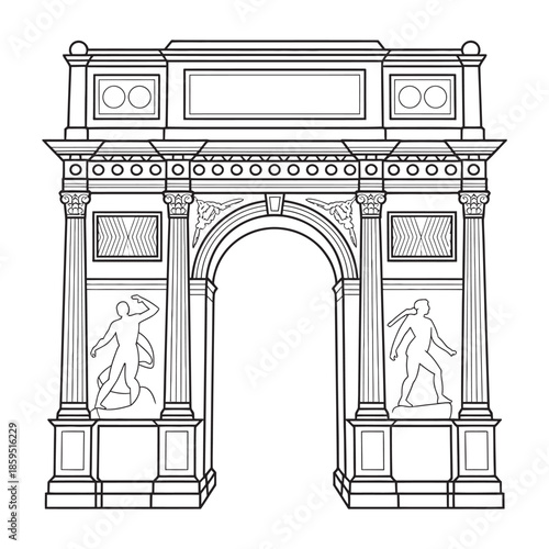 Stylized architectural illustration of a grand classical arch, embodying historical monumentality and triumph