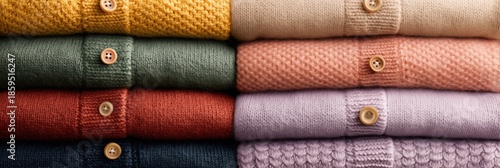 Colorful stacked knitted cardigan with button. Neatly folded knitwear in various warm shades, different texture visible, cozy apparel