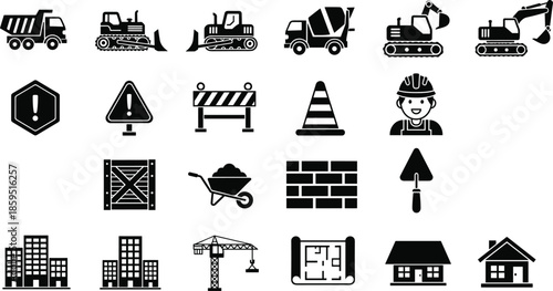 Construction icons set with vehicles, tools, worker, barrier, blueprint, crane, houses, wall, trowel, wheelbarrow, warning signs, cone, crate