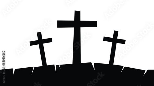 Three black Christian cross silhouettes stand on a dark, jagged hill against a clean white background