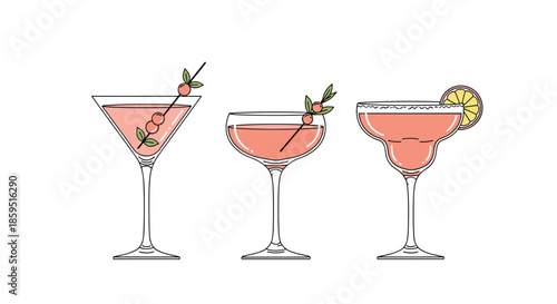 Trio of different pink cocktails served in various glassware like martini, coupe, and margarita glasses with elegant fruit garnishes.