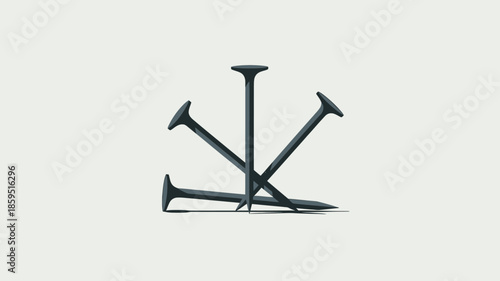 Three iron nails for the crucifixion stacked together on a plain light gray surface