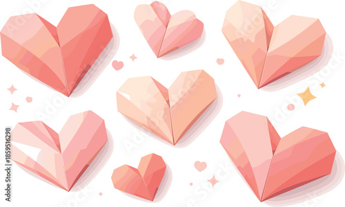 Folded Paper Hearts. Abstract paper hearts folded into clean shapes with gentle handcrafted charm, modern flat vector illustration
