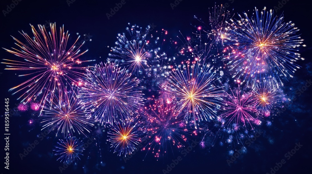 Fototapeta premium Golden fireworks of various shapes light up the night on the right, used for New Year's Eve celebrations and festive activities, serving as an advertising banner and social media promotional design.