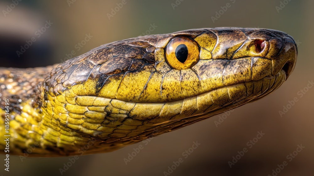 Fototapeta premium Closeup of a yellow snake with striking eyes showcasing its natural beauty and intricate scales