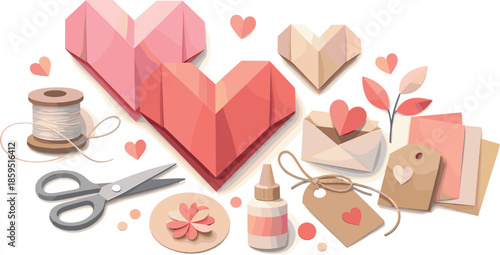 Handmade Valentine Art. Abstract handmade Valentine composition built from folded paper hearts, modern flat vector illustration