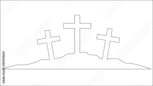Three simple outline crosses stand atop a textured hill representing Calvary