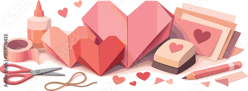 DIY Valentine Art. Abstract DIY Valentine scene formed from folded paper hearts and craft textures, modern flat vector