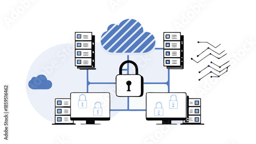 Flat illustration of a cloud data protection scene with a large padlock and computer servers connected to a secure cloud storage system