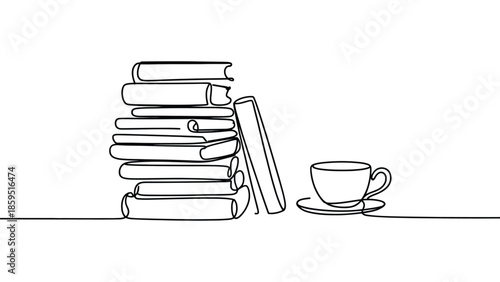 Minimal line art illustration of stacked books with coffee cup representing reading, education, study routine, knowledge, learning lifestyle and calm workspace concept
