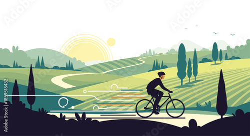 Energetic cyclist rides a bicycle through a picturesque landscape of rolling green hills, vineyards, and tall cypress trees at golden sunrise.