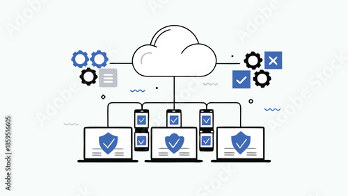 Flat illustration of a cloud infrastructure with secure devices and protection icons
