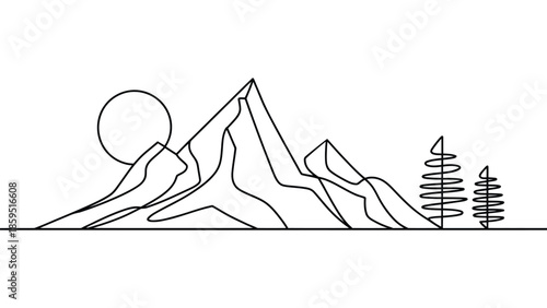 Minimal line art illustration of mountain landscape with sun and trees representing nature, adventure, travel, wilderness and outdoor exploration concept