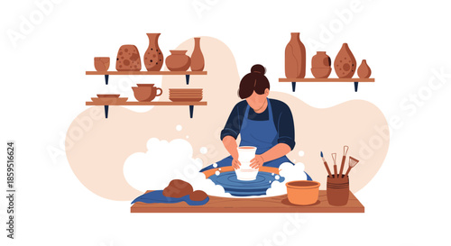 Creative woman artisan working on a pottery wheel in a cozy studio filled with various ceramic pots and handmade clay vessels.