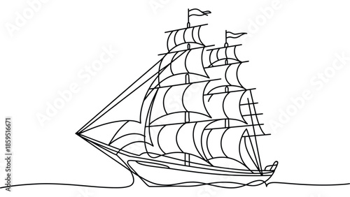 Minimal line art illustration of classic sailing ship with sails representing maritime travel, adventure, exploration, history and nautical transportation concept