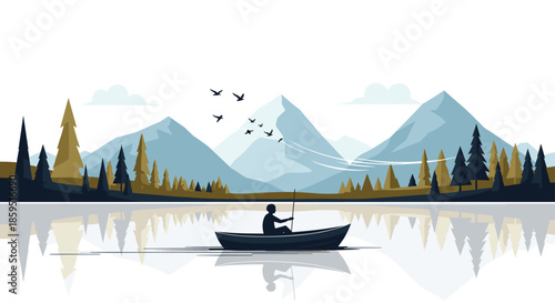 Solitary person rowing a small boat on a calm lake surrounded by majestic mountains and evergreen pine forest at dawn or dusk.