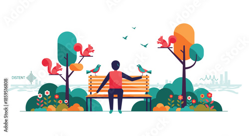 Peaceful scene of a man sitting on a park bench surrounded by trees squirrels and birds in a modern stylized garden setting.