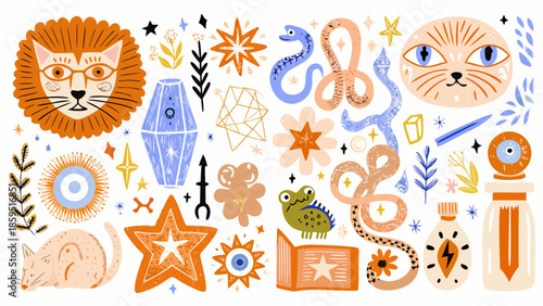 A whimsical collection of illustrated animals celestial objects and magical elements