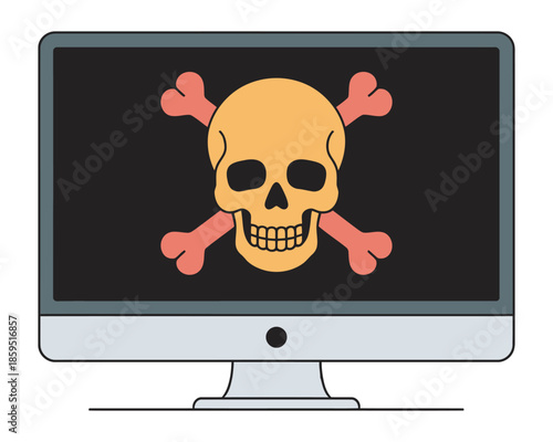 Computer screen displaying a skull and crossbones symbol for digital danger