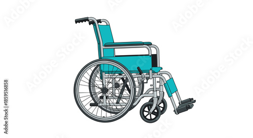 Detailed illustration of a teal manual wheelchair with metallic frame and wheels isolated on a plain white background.