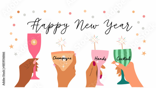 Celebratory hands raising champagne flutes and cocktails for happy new year