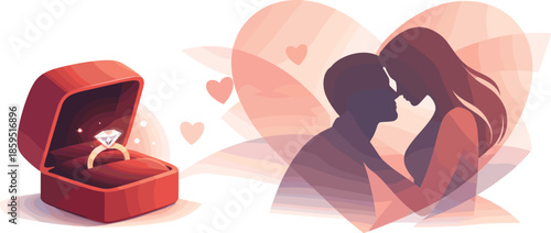 Romantic Proposal Silhouettes. Abstract romantic moment expressed by an opening ring box and two connected silhouettes, modern