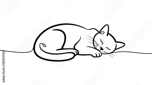 Minimal line art illustration of sleeping cat resting peacefully representing relaxation, comfort, pet care, calm mood and cozy home lifestyle concept