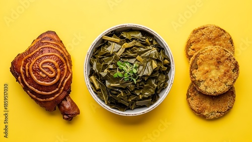 soul food - collard greens, smoked chicken and fried green tomatoes, copy space, top view, yellow background 