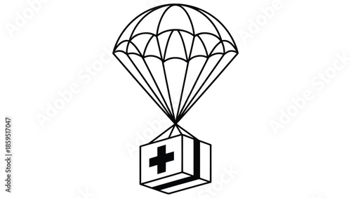 Minimal line art illustration of medical supply box with parachute representing emergency aid delivery, humanitarian help, healthcare support and rescue concept