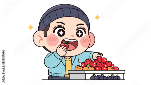 Happy Boy Eating Fresh Red Strawberries From a Vendor Stall Cute Kawaii Cartoon Style