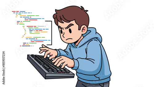 Frustrated Young Programmer Coding Website Development on Computer Keyboard Studying Software Engineering Child Learns to Code Online