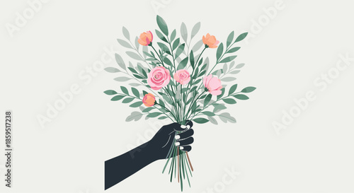 Silhouette of a hand holding a lush bouquet of pink roses and green leaves against a neutral background, expressing love and appreciation.