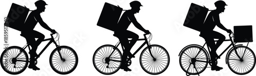 Delivery cyclists silhouette vector, urban courier service illustration, food and parcel transport concept, bicycle logistics clipart, dynamic motion artwork