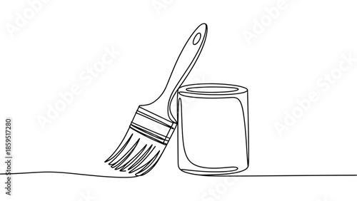 Minimal line art illustration of paint brush and paint can representing home renovation, diy painting, repair and interior decorating concept