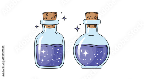 Two whimsical glass potion bottles containing sparkling purple liquid with magical stars and cork stoppers, perfect for fantasy and magic themes.