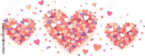 Confetti Heart Patterns. Abstract romantic composition built from scattered confetti shapes forming heart patterns, modern flat