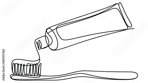 Toothpaste tube with toothbrush line art illustration minimal outline design isolated on white background for dental care, hygiene and healthcare concepts