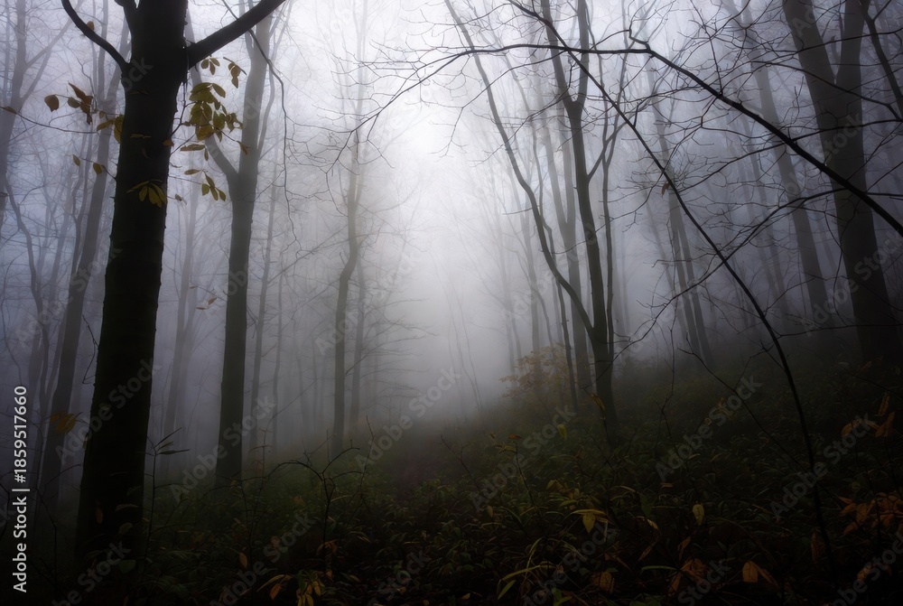Obraz premium Ethereal morning mist flowing through a dense dark forest with slender leafless trees. Atmospheric and moody woodland landscape in late autumn or winter with a mysterious foggy glow between trunks.
