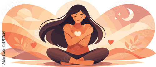 Harmony and Self-Love. Abstract emotional scene symbolizing self-love through centered harmony and flowing curves, modern flat