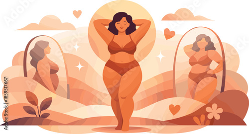 Body Positivity Art. Abstract self-acceptance scene built from soft curves and centered confident forms, modern flat vector