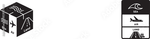 Illustration of two black and white shipping container labels depicting fragile items and airplane handling instructions