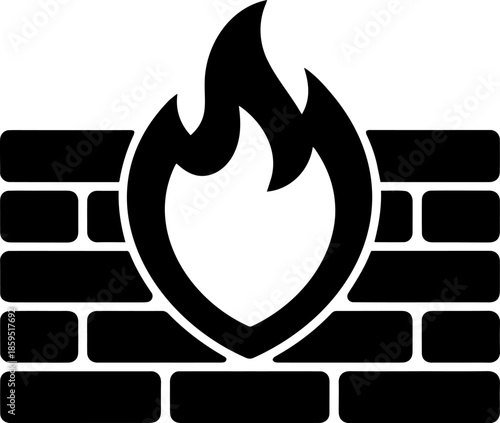 Firewall Security Icon with Brick Wall Flame and Shield Symbolizing Network Protection Cybersecurity and Data Defense Concept
