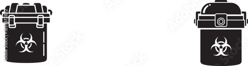 Two black silhouettes of metal containers with latch closures and biohazard symbols are displayed against a white background