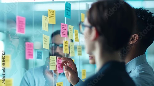 Three professionals focused on a brainstorming session with sticky notes.