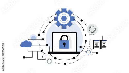 Flat illustration of digital security workflow with laptop computer and padlock surrounded by gear icons and data flow connections