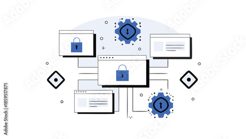 Flat illustration of digital safety concept with computer screens, locks, and gears on white background, representing cybersecurity and data
