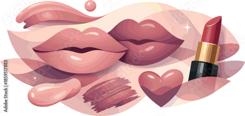 Romantic Lip Composition. Abstract romantic composition built from flowing lip shapes and cosmetic texture hints, modern flat