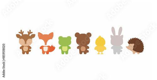 Cute baby forest animals lineup flat vector set with happy cartoon wildlife characters