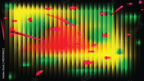 Abstract dark background with glowing green, yellow, and red vertical lines and glitch neon effects.