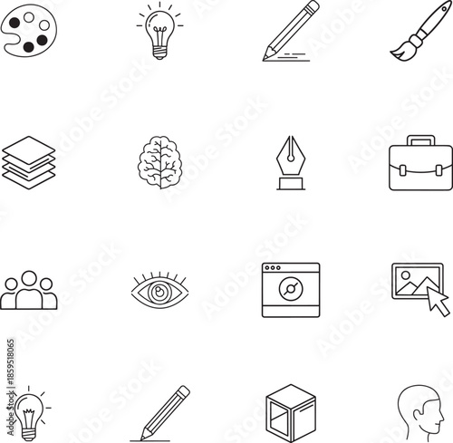 Graphic Design line art icon collection. Includes line art symbols pencil, brush, layers, idea, creative and more. Isolated icons. Graphic Design icon set. 